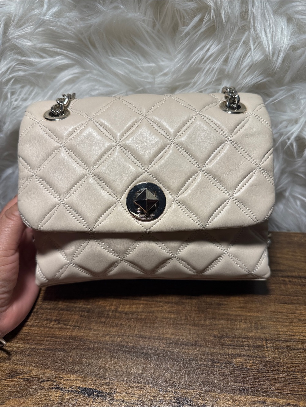kate spade Quilted Cream Shoulder Bag with Silver Chain